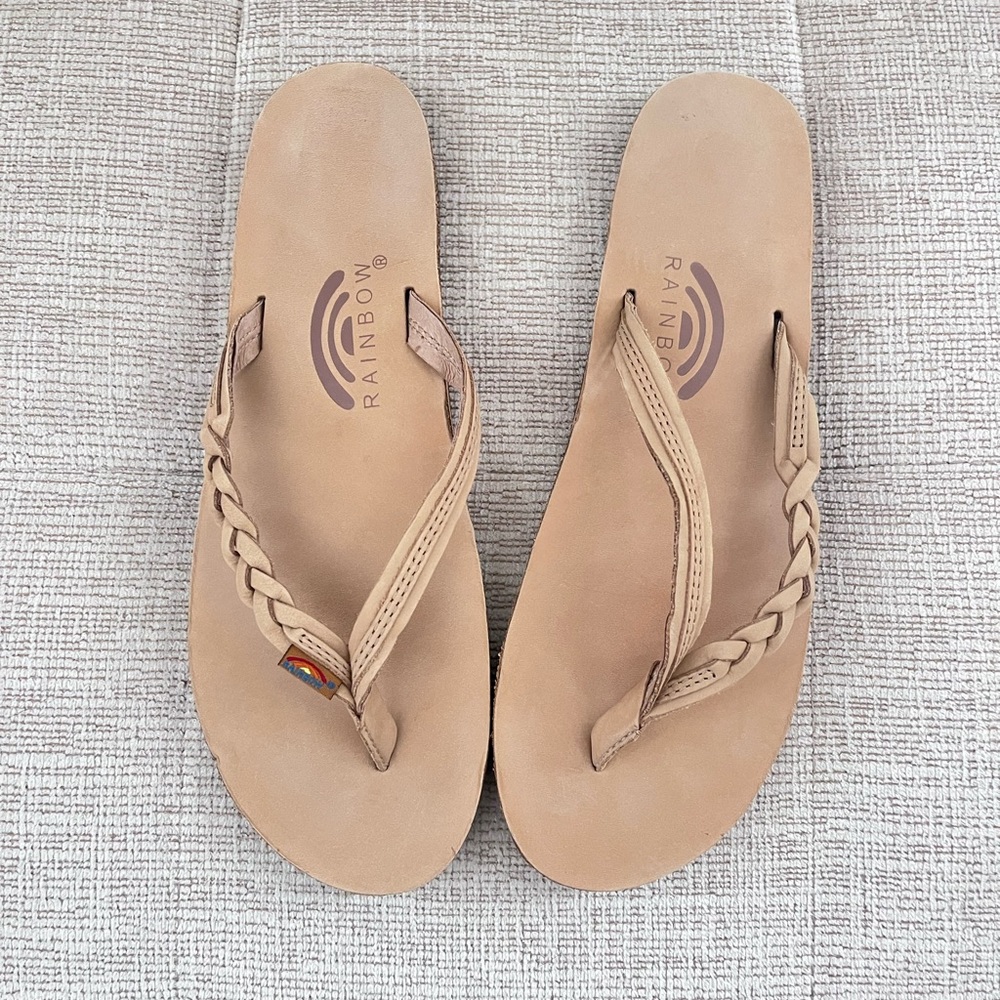 Rainbow Tan Braided Flip Flops